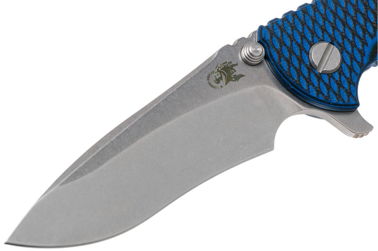 Rick Hinderer XM18 3.5” Recurve, CPM 20CV, Stonewash, Blue Black G10, zakmes