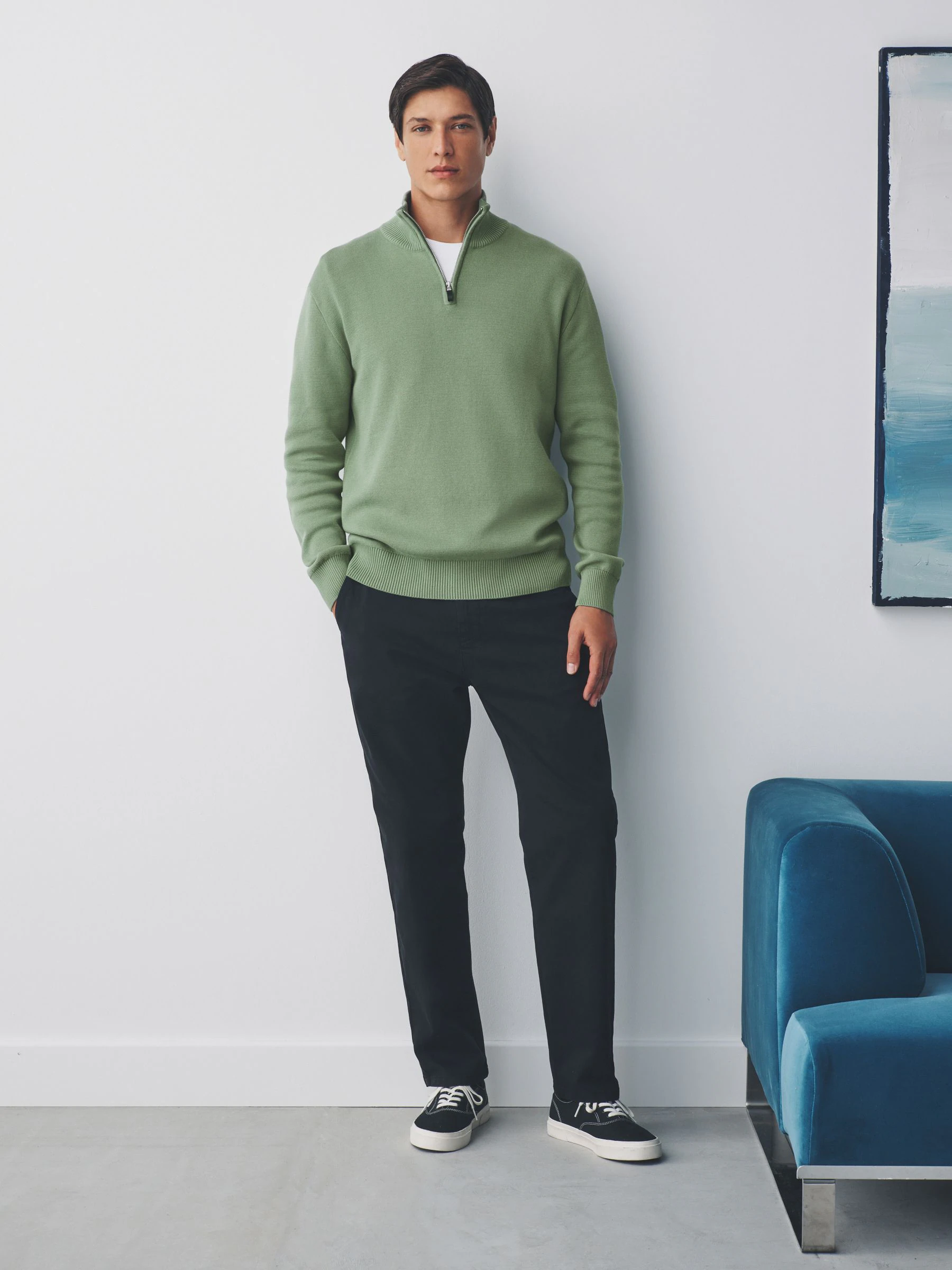 Grijs-groen - Effen - Regular fit 100% katoenen premium trui met korte rits