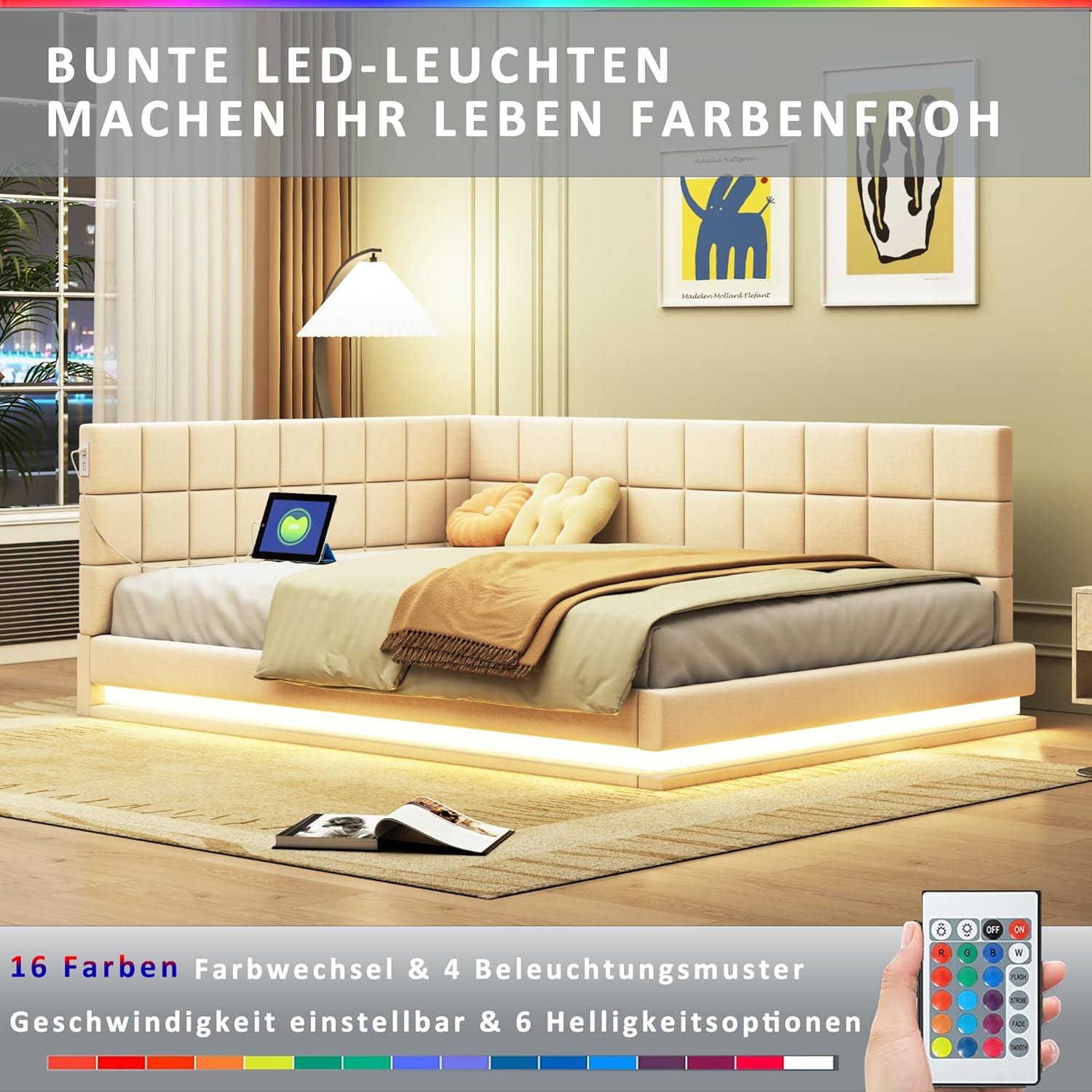 okwish Schlafsofa Daybett 140x200cm mit Lattenrost und LED Lichtleiste, Tagesbett Polsterbett mit USB Steckdose, Kinderbett Jugendbett (Ohne Matratze)- Beige