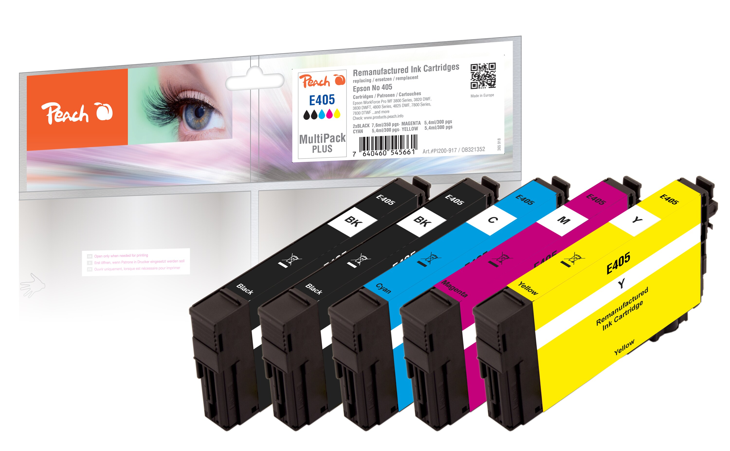 Peach E4055 Druckerpatronen (2*bk/c, m, y) ersetzt Epson No. 405 für z.B. Epson WorkForce ECC 7000, Epson WorkForce Pro WF -3800 (wiederaufbereitet)