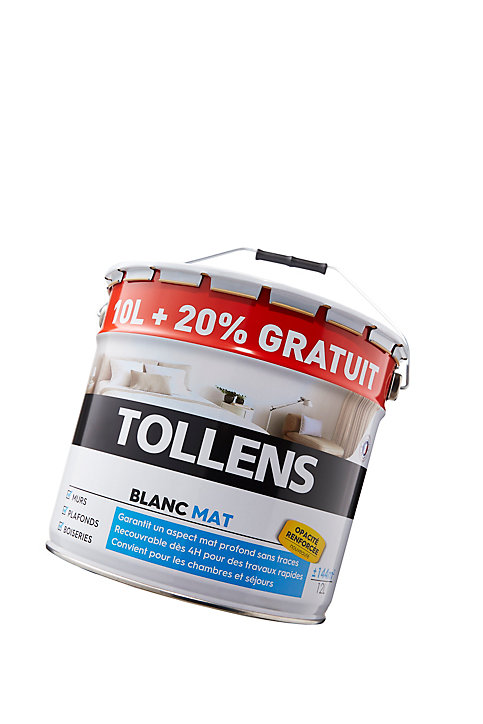 Peinture Tollens murs et plafonds mat blanc 10L+20% gratuit