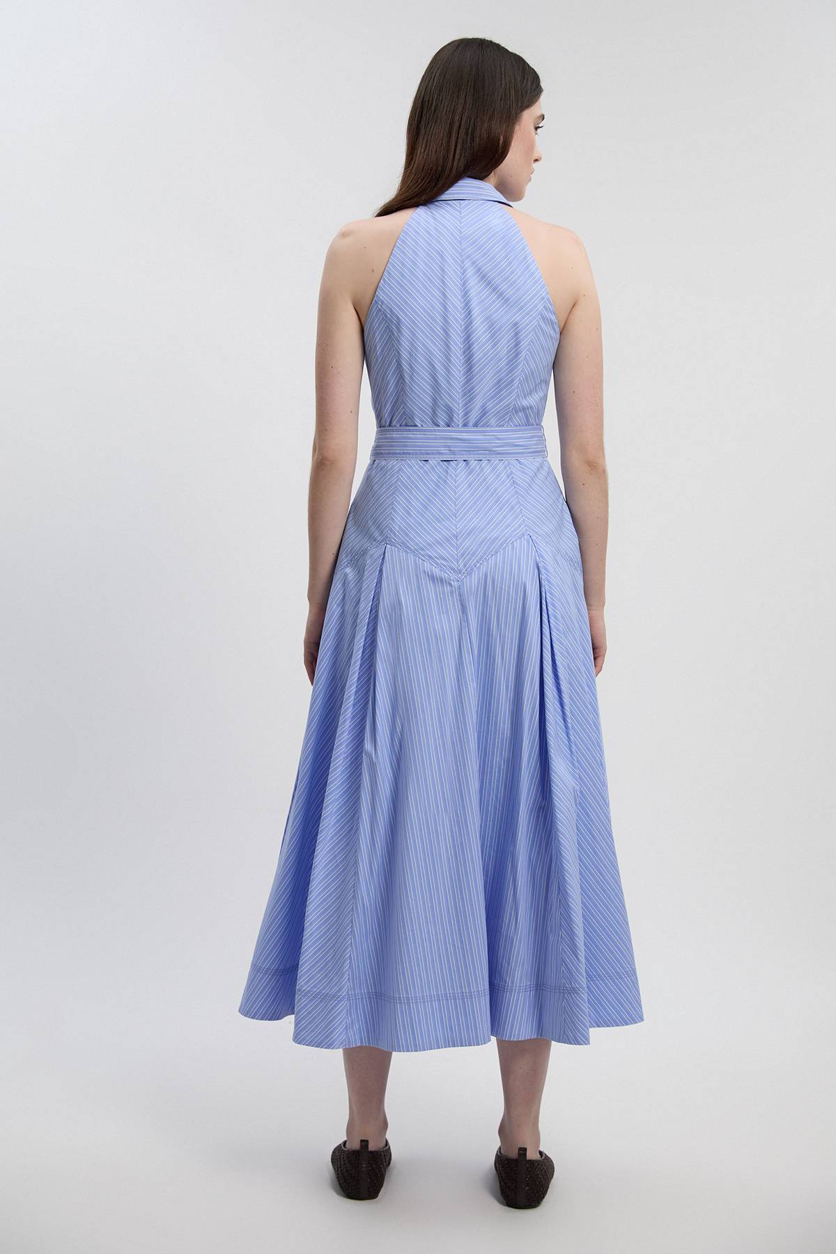 KarenMillen Robe Chemise Midi en Coton Rayé à Col Halter et Taille Basse