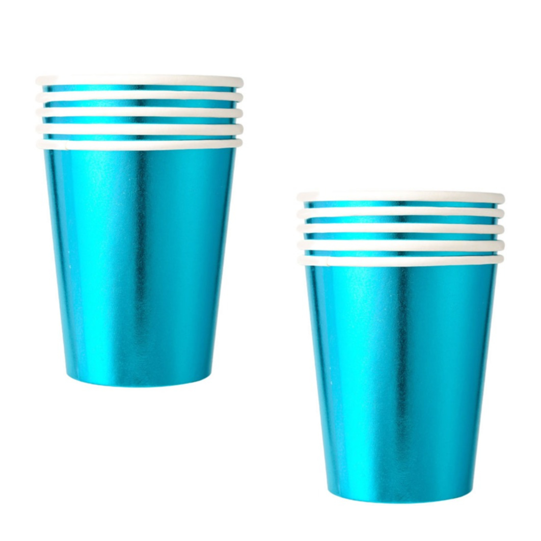(10er Set) Einweg Papp Becher Party Geschirr Tisch Deko Trinkbecher im Metallic Design - Blau