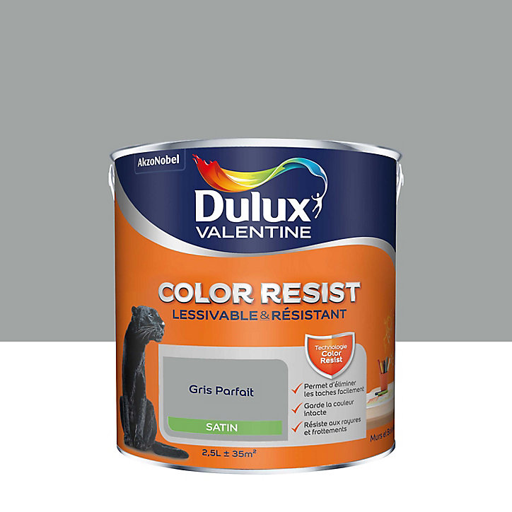 Peinture murs et boiseries Color Resist Dulux Valentine satin gris parfait 2,5L