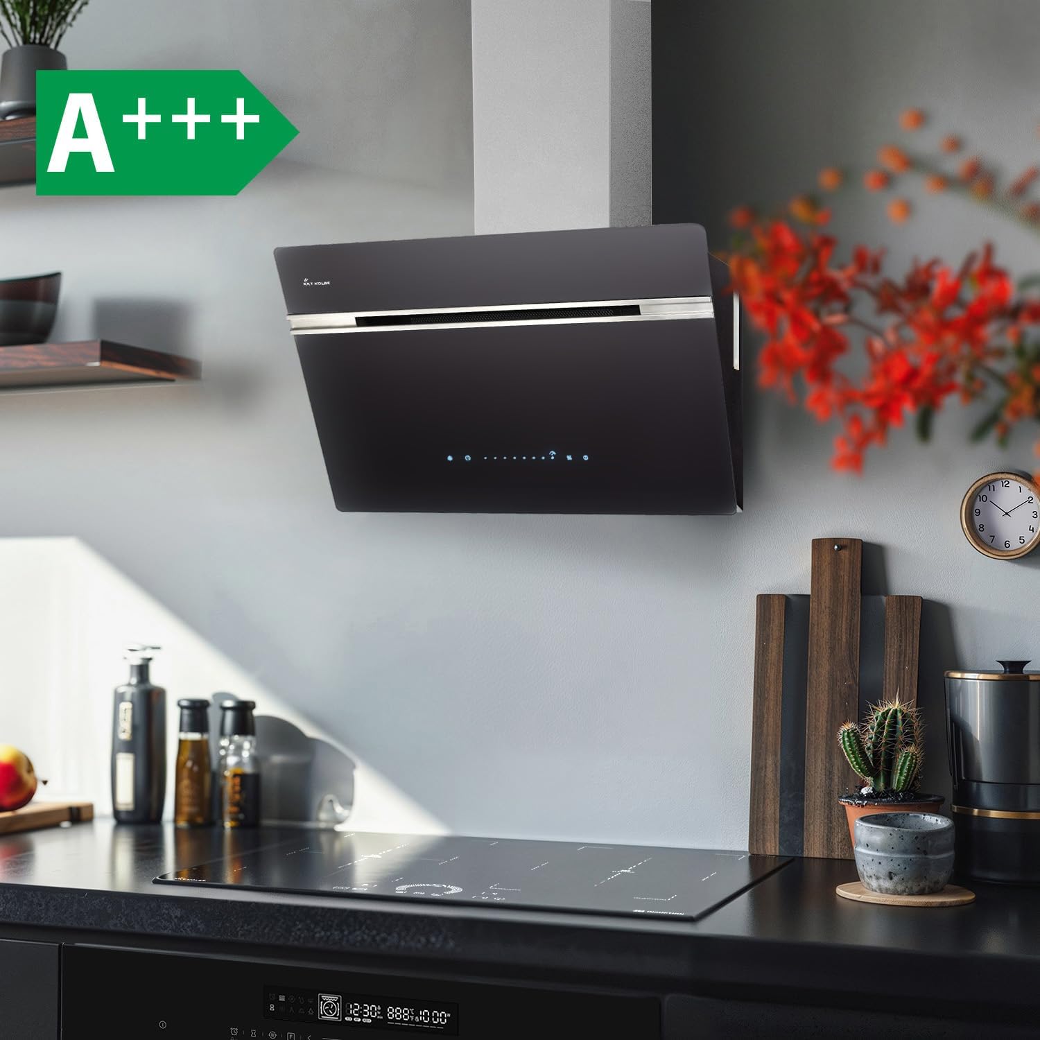 KKT KOLBE A+++ Dunstabzugshaube 60 cm 782 cbm/h Umluft Abluft Kopffrei Wandhaube | Schwarz Silber Edelstahl | Glas | Nachlaufautomatik | Smart WiFi App WLAN | SensorTouch | RGBW LED | AURORA6005SE
