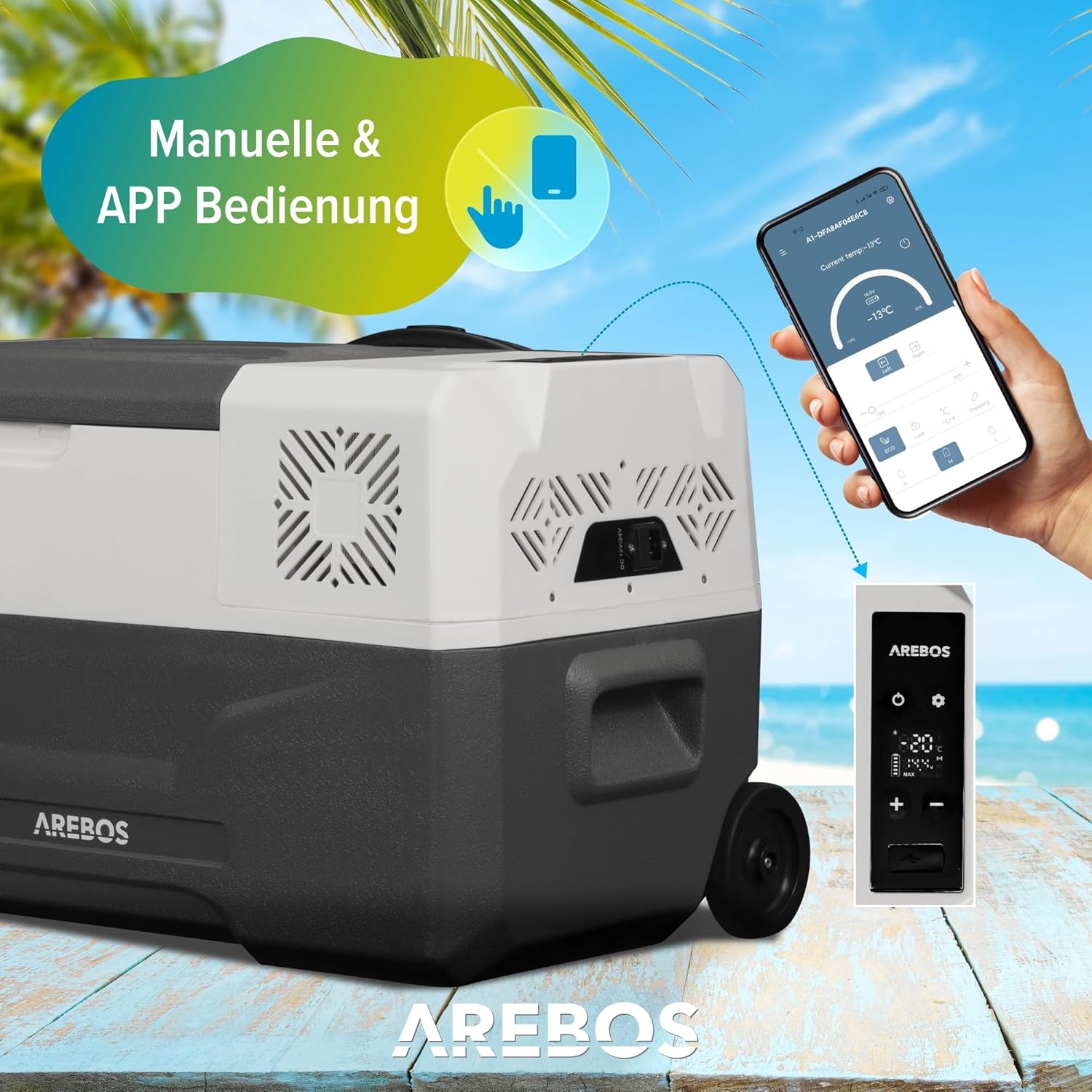 Arebos Kompressor Kühlbox mit Rollen 27 Liter | Elektrische Gefrierbox mit APP & Smart-Steuerung | Mobile Kühltruhe mit USB-Anschluss | bis -20 °C | 12/24 V 230V | für Auto,LKW,Camping,Boot,Wohnmobil