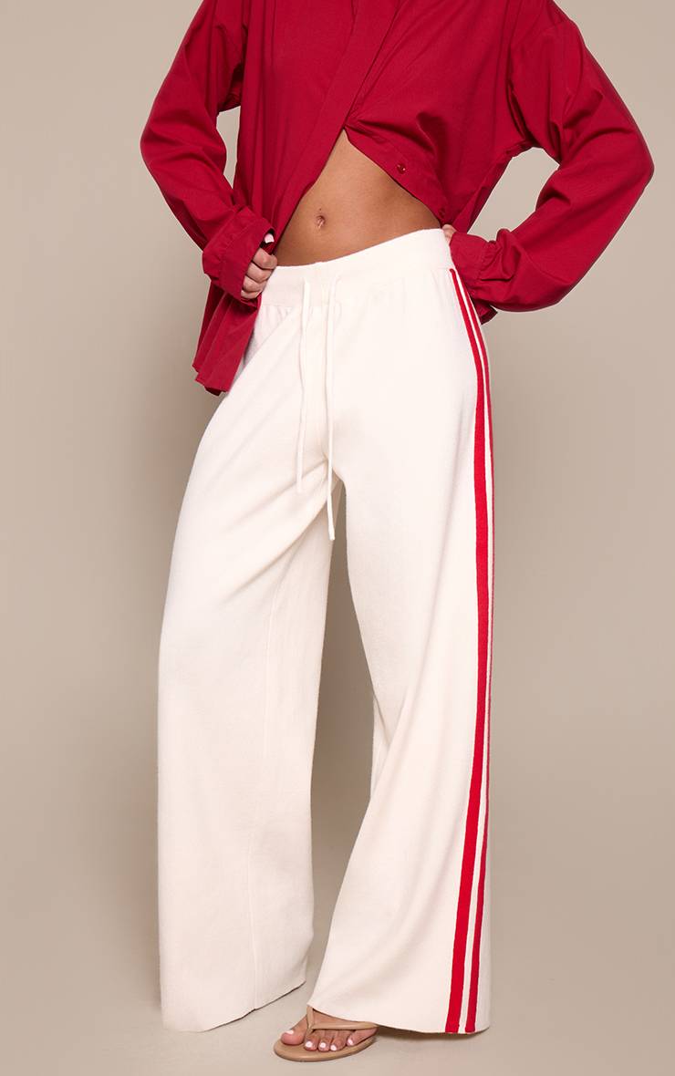 Crème Pantalon En Maille À Bandes Latérales