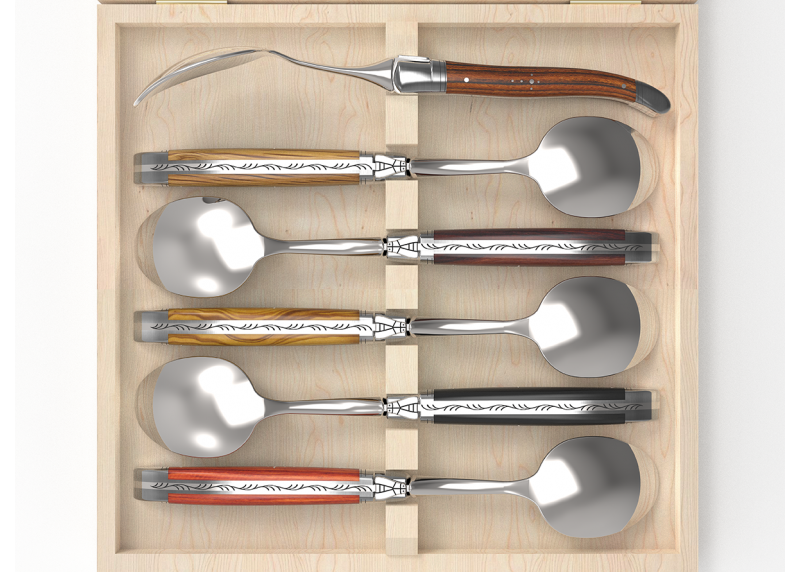 Service de 6 petites cuillères Laguiole avec un manche en 6 bois différents et mitres inox