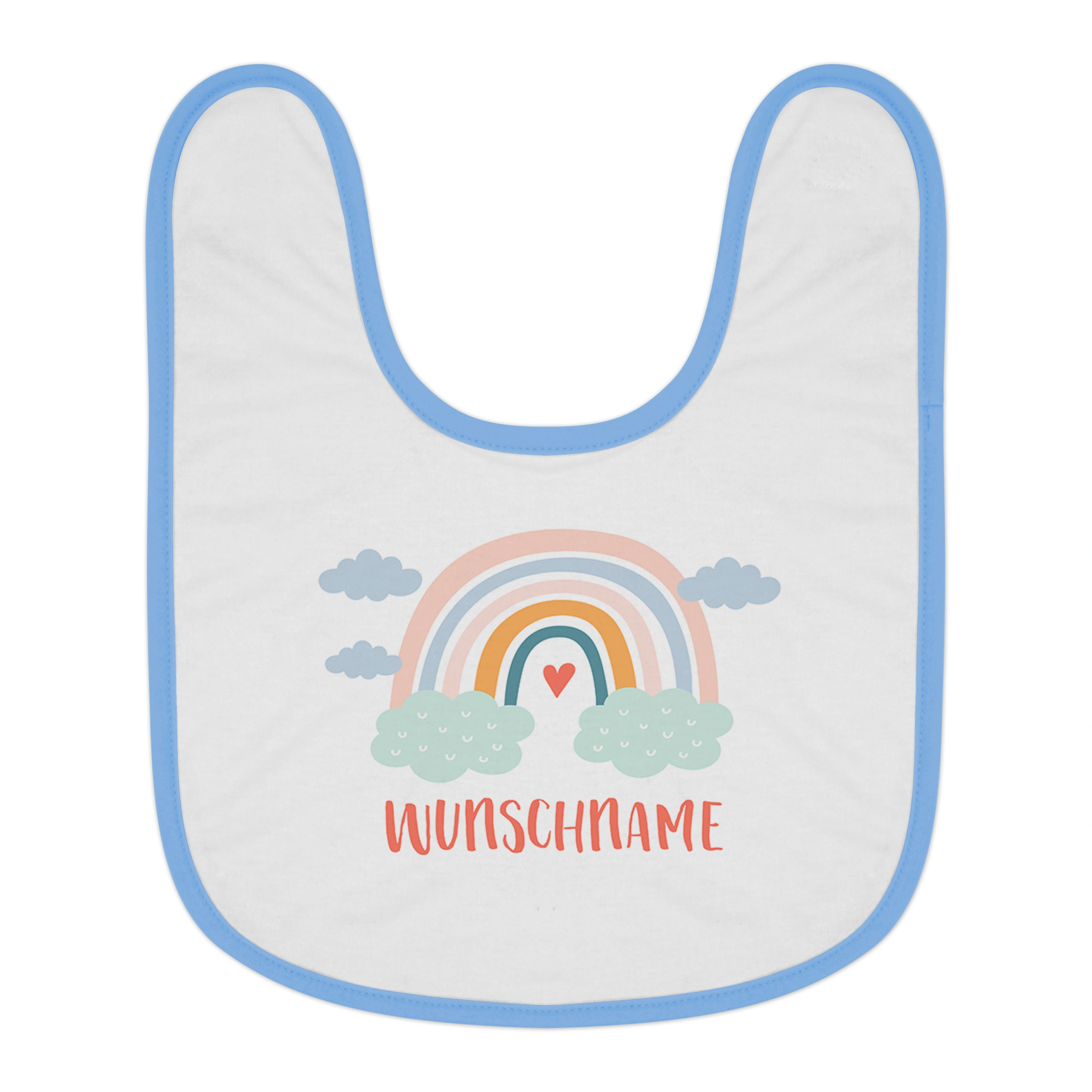 Baby-Lätzchen mit Namen, blau (Motiv: Rainbow)