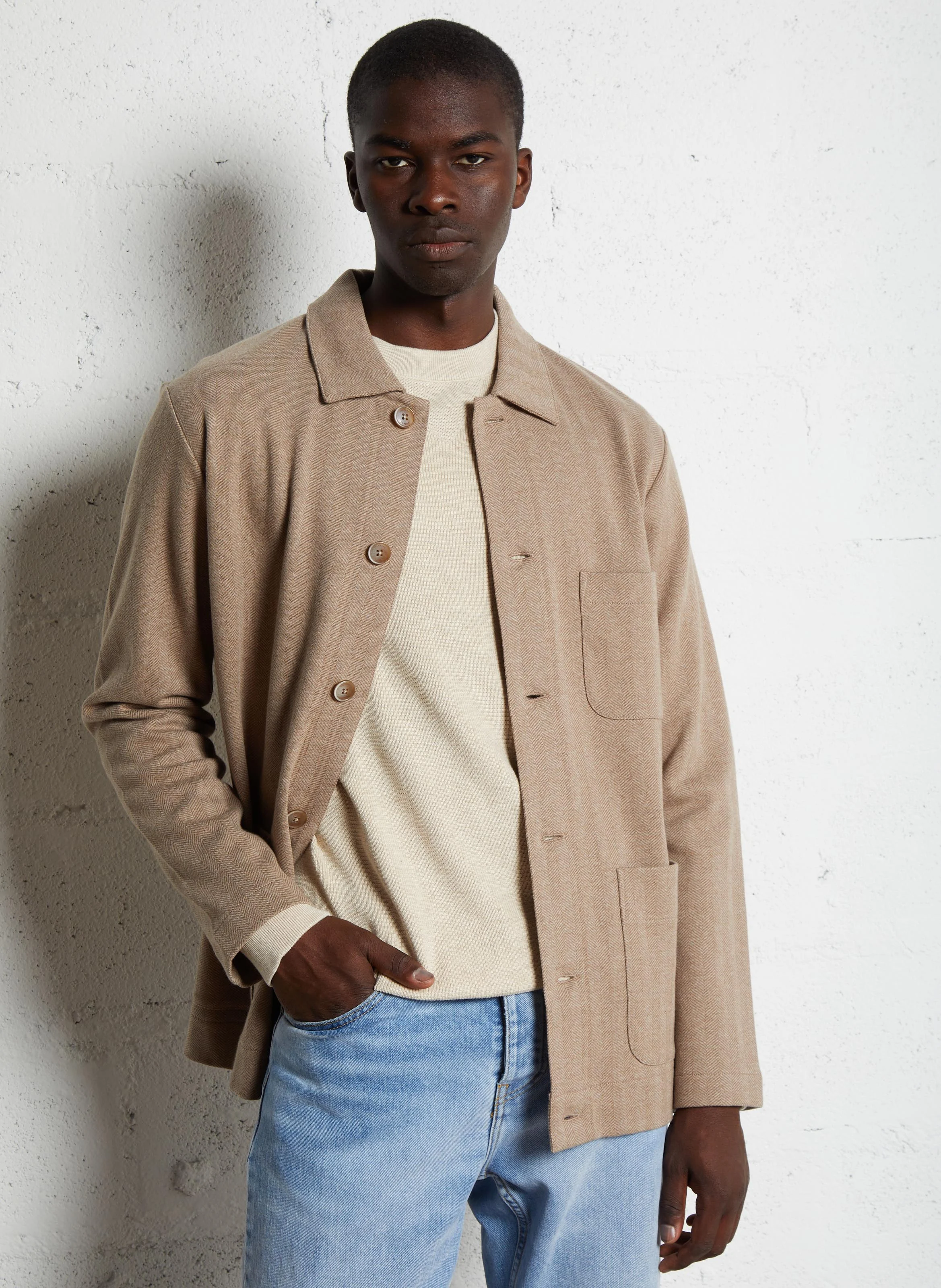 Veste droite col classique en coton | Beige