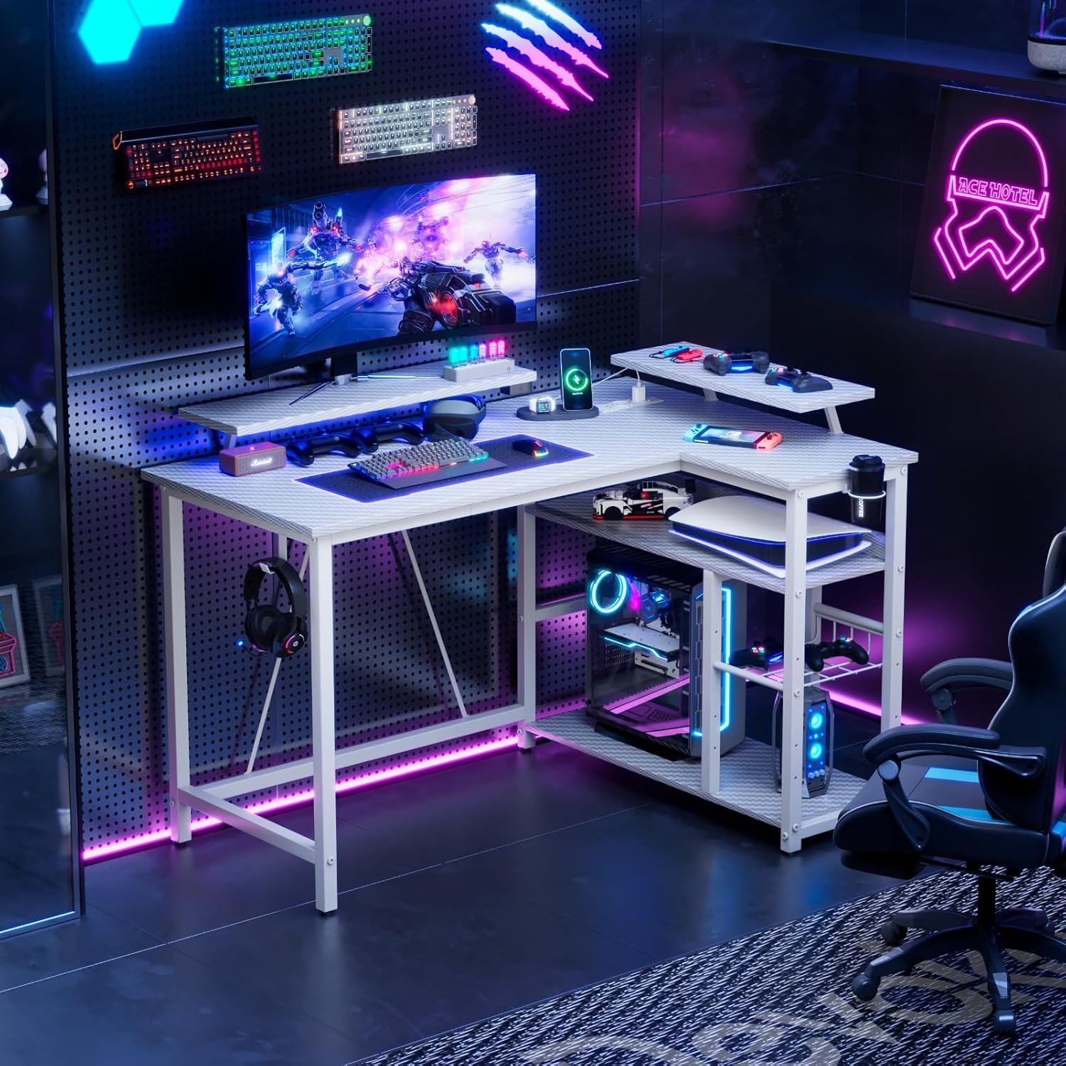 Devoko Gaming-Schreibtisch Ecke 120x80cm mit Doppel-Monitorhalterung, LED-Beleuchtung, höhenverstellbarer Ablage & Carbon-Optik Weiß