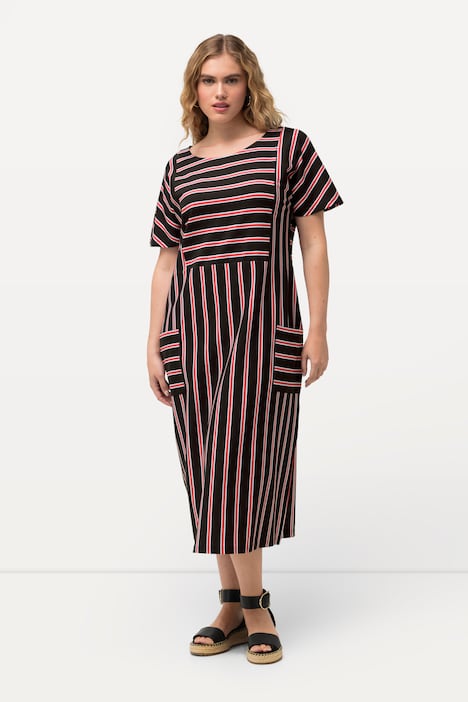 Jersey-Midikleid, Streifen, Oversized, Rundhals, Halbarm