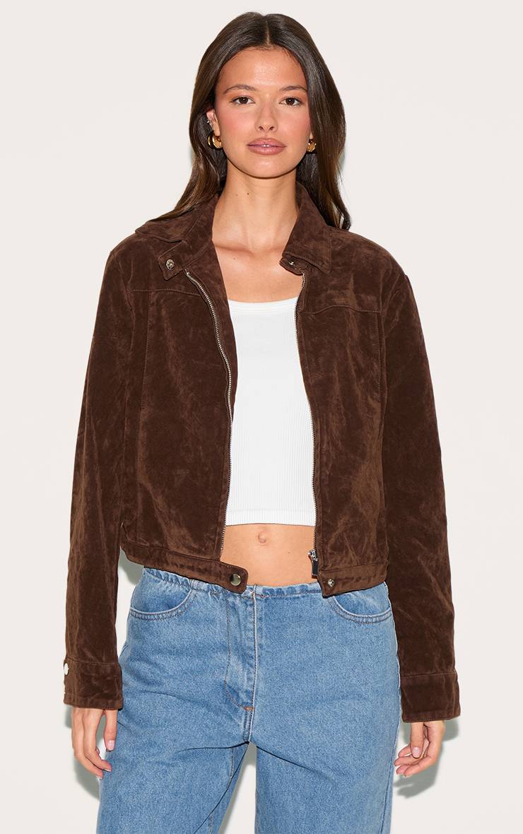 Marron Veste En Faux Suède Brossé Avec Détails De Coutures