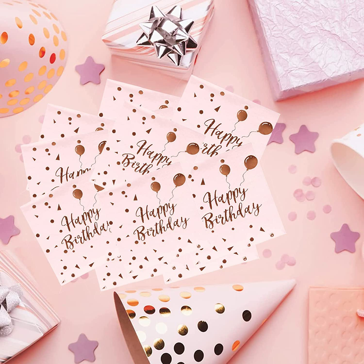 (40er Set) 33x33cm Happy Birthday Einweg Servietten Party Tisch Dekoration - Rosa / Roségold