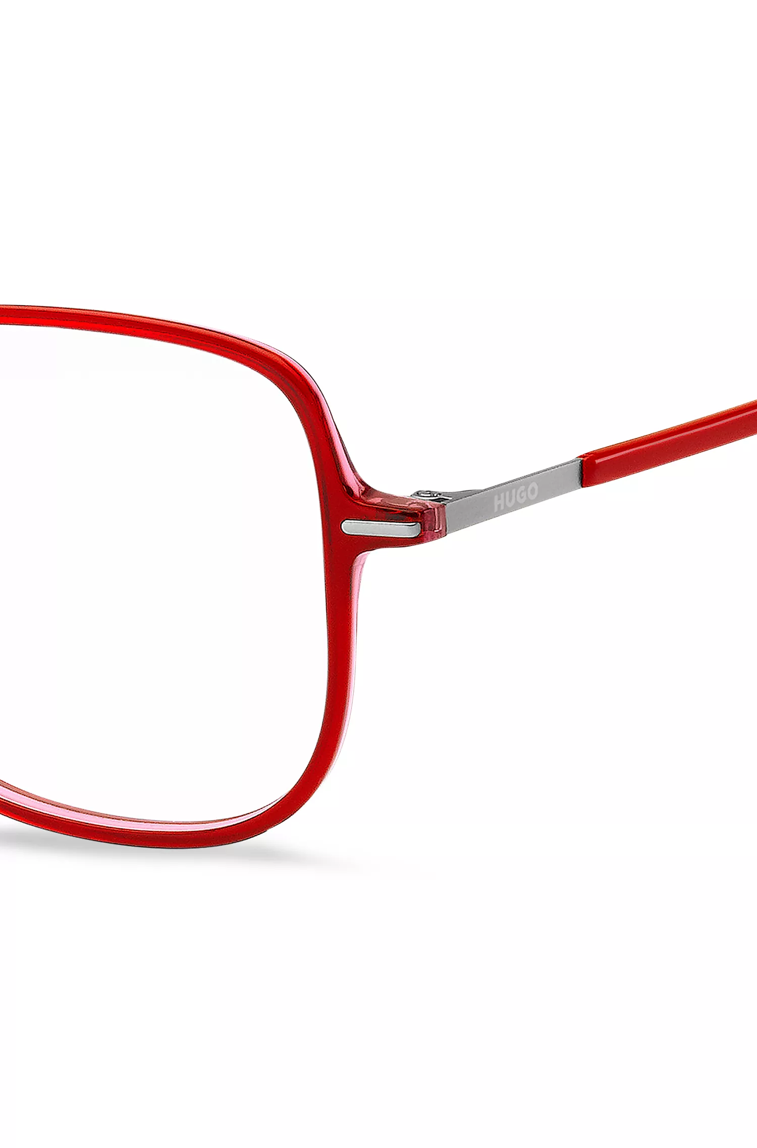Óculos de grau HUGO em acetato vermelho com hastes em aço inoxidável.