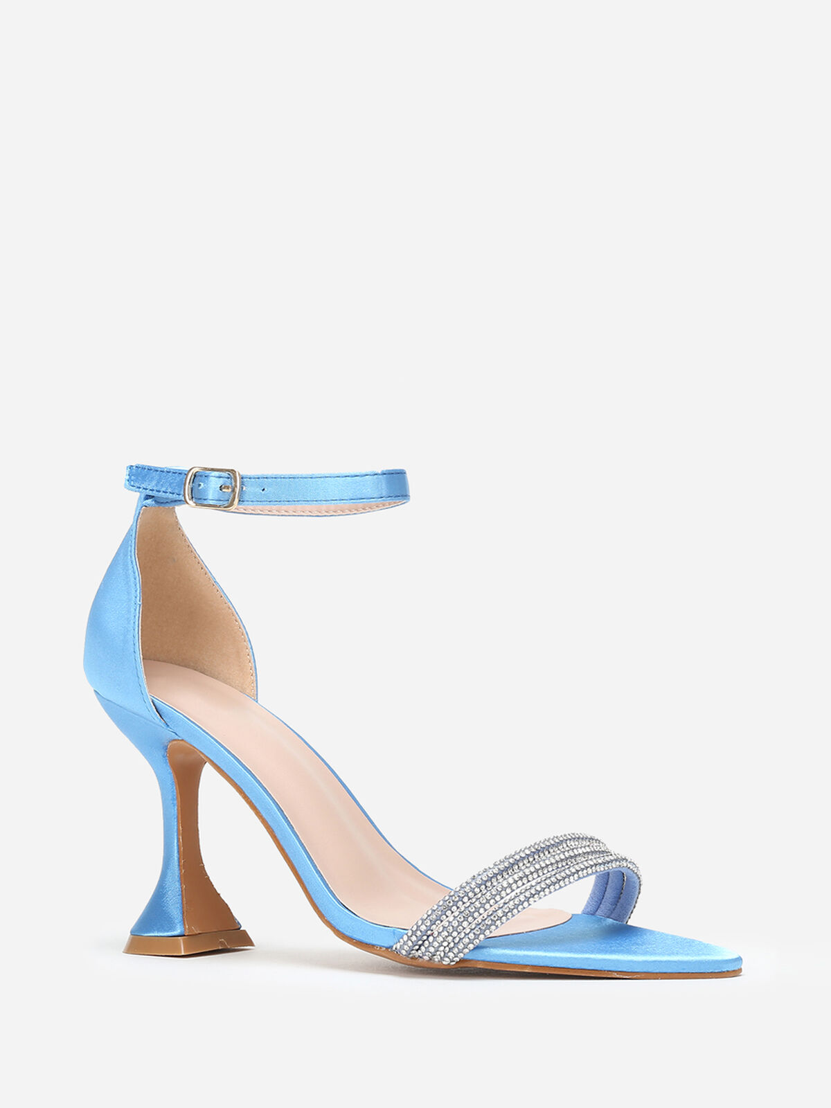 Sandales satinées à strass et talon bobine- Bleu
