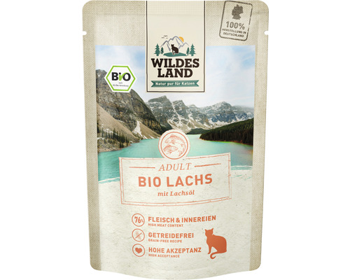 WILDES LAND Biologisch natvoer met pure zalm voor katten, met zalmolie en waardevolle superfoods, graanvrij, glutenvrij, 85 g