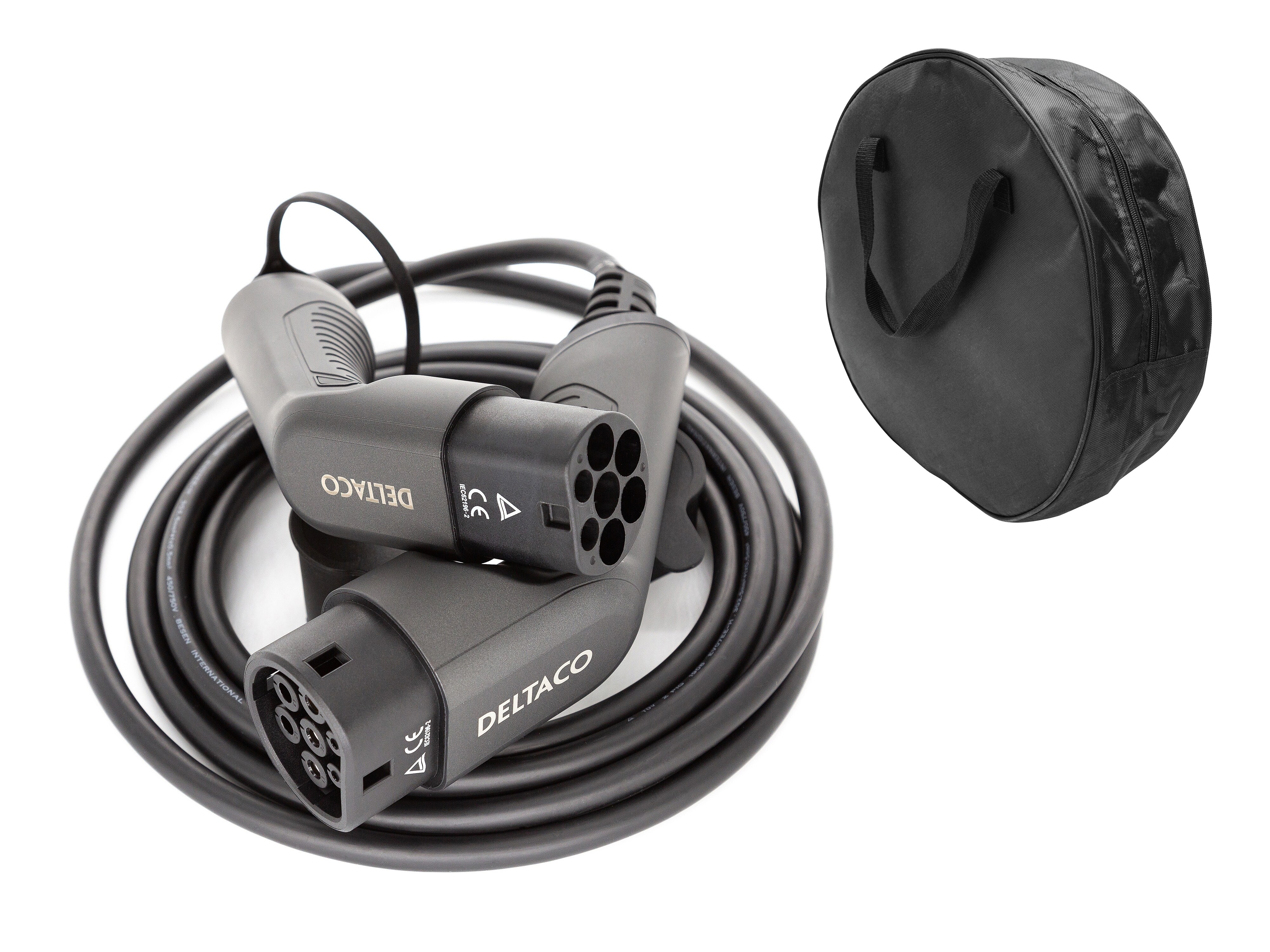 Deltaco EV-Ladekabel + Tasche, Typ2 auf Typ2, 16 A, 11 kW, 3-phasig 7m