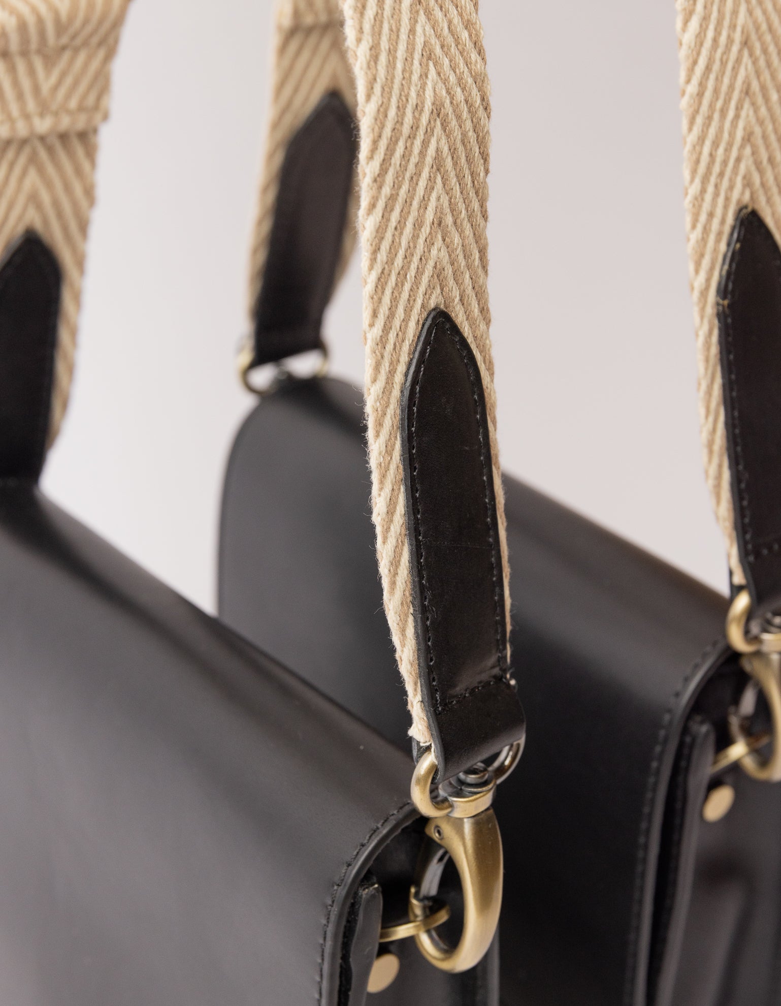 Herringbone Webbing Strap - Sand & Black Classic Leather