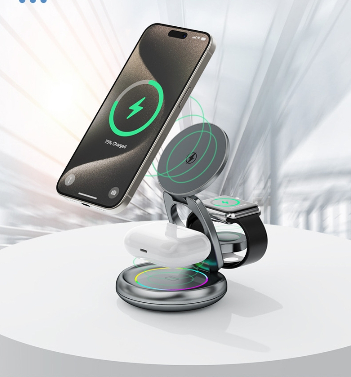 (15W) 3in1 MagSafe Qi Wireless Charger Fast Charging Ladegerät Faltbare Ladestation mit LED Beleuchtung - Grau