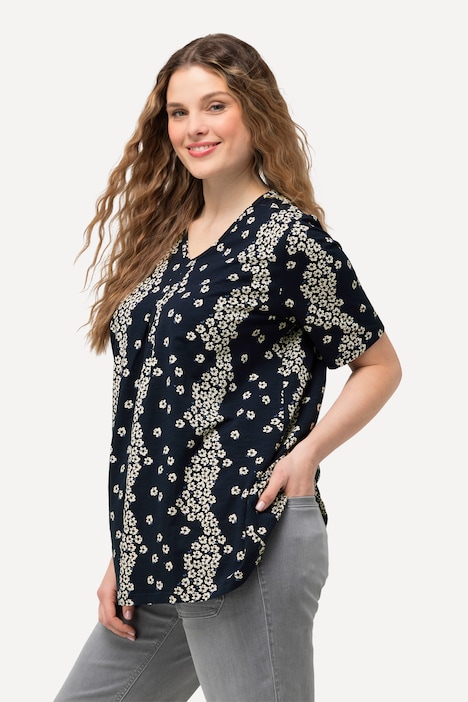 T-Shirt, Blüten, Zierfalten, V-Ausschnitt, Halbarm