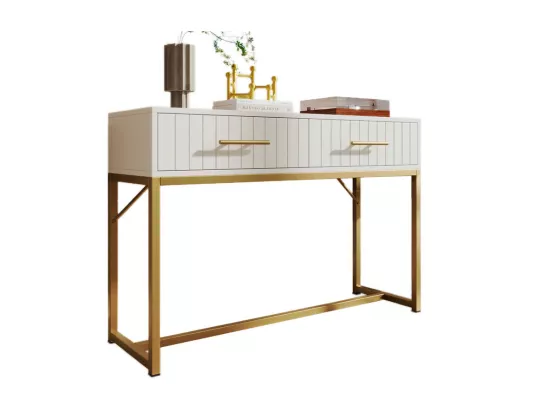 Coiffeuse décorée de rayures verticales - H 75 cm - avec 2 tiroirs et piètement en métal - Blanc