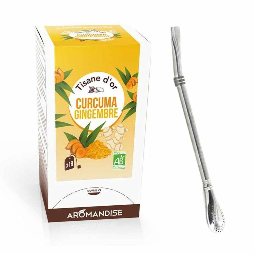 Tisane d'or bio curcuma gingembre 20 sachets + paille inox avec filtre