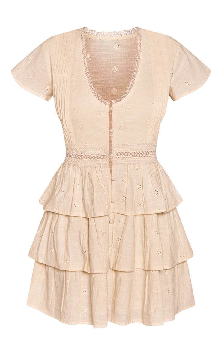 Citron Robe Droite À Manches Courtes Avec Broderie Anglaise Et Boutonnage
