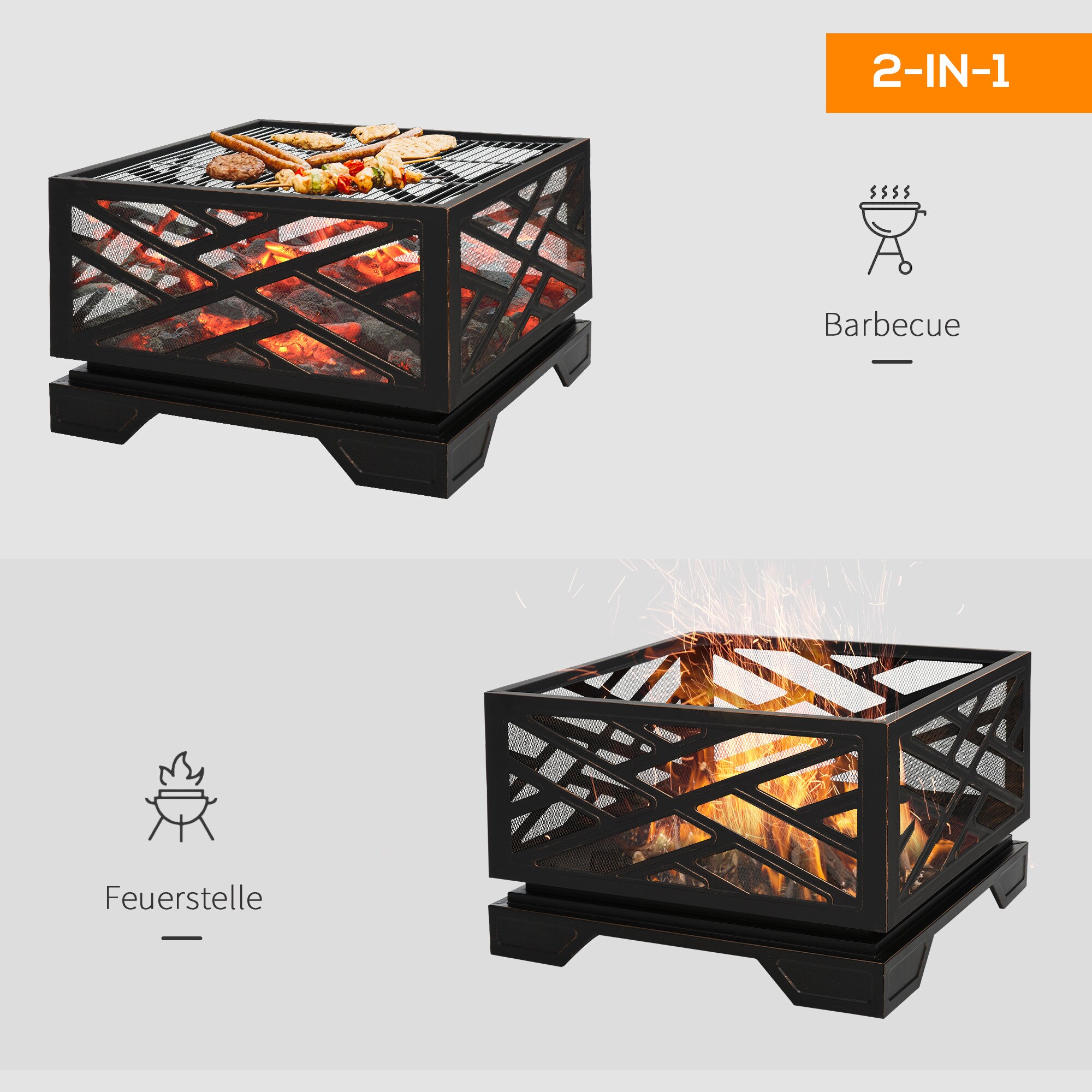 Outsunny Feuerschale mit Funkenschutz schwarz 66L x 66B x 66H cm