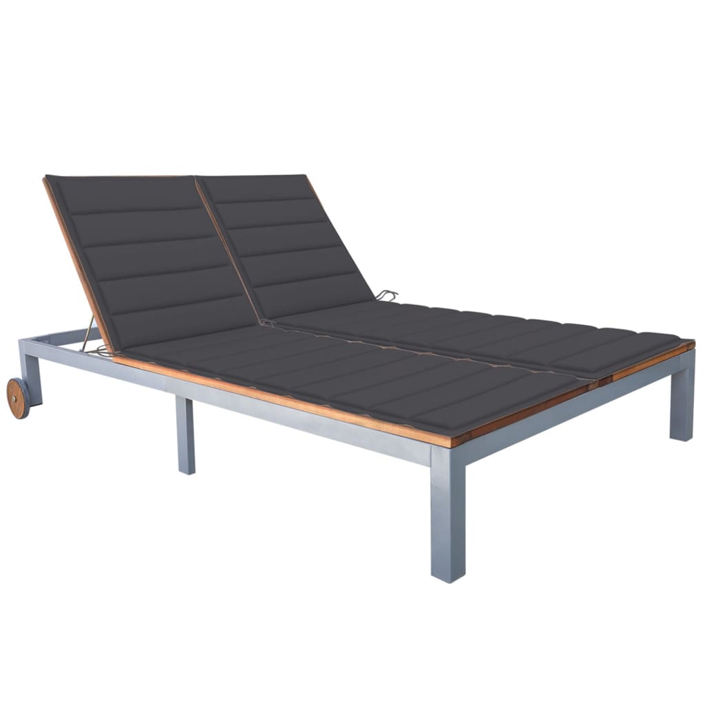 Transat chaise longue bain de soleil lit de jardin terrasse meuble d'extérieur 2 places avec coussin acacia solide et acier 0