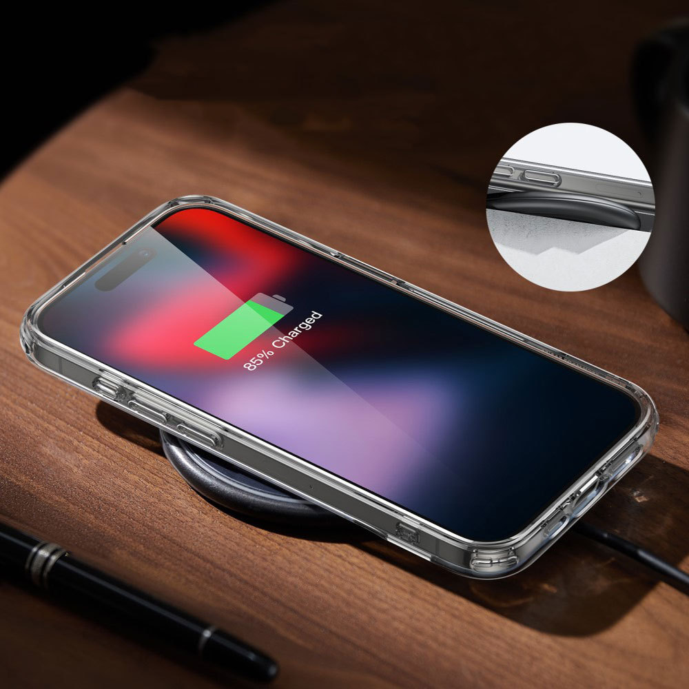 iPhone 15 Boost Series Hybrid Hülle TPU Bumper mit Acryl Rückseite   Aluminium Kickstand - Transparent