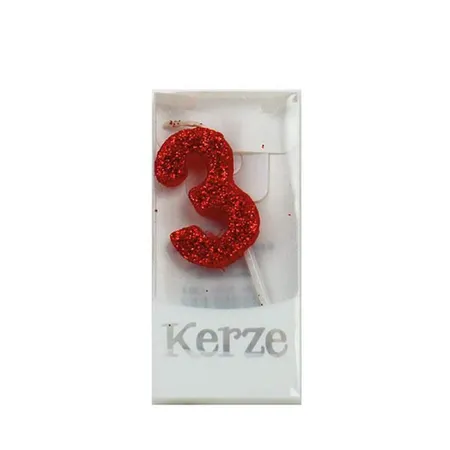 Trötsch Zahlenkerze 3, rot glitzer, 3x2x1cm