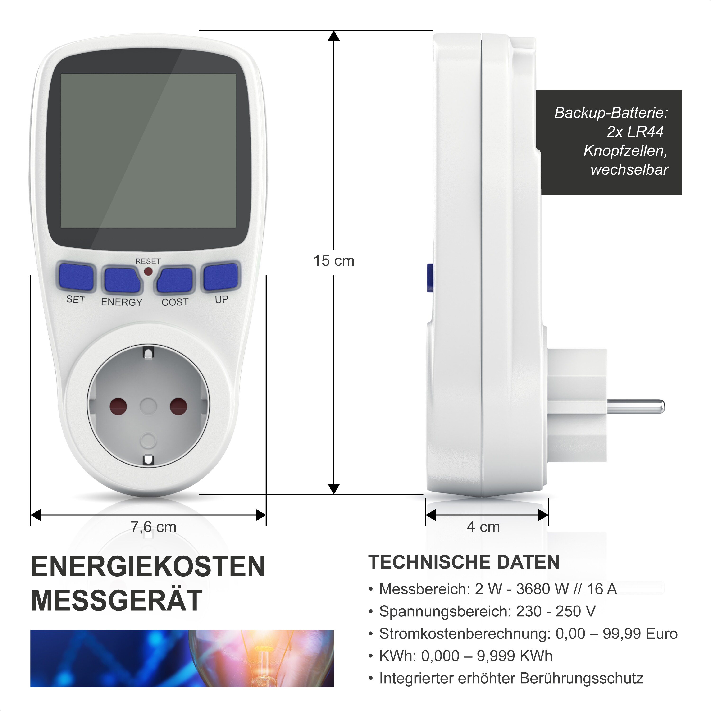 CSL Energiekostenmessgerät - Stromverbrauchszähler, Energiekosten Anzeige - Stromzähler - 3680W - Energiemessgerät mit integriertem Berührungsschutz
