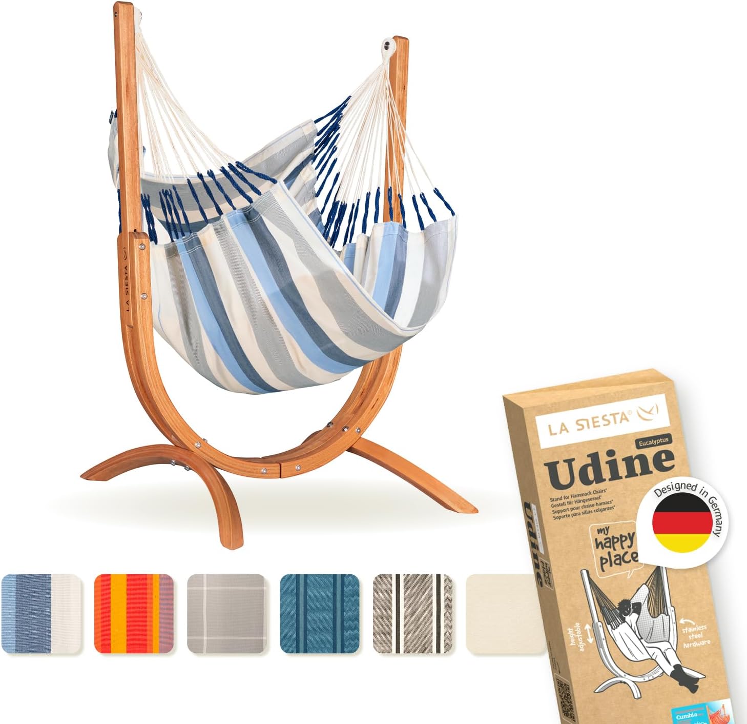 LA SIESTA - Wetterbeständiger Hängesessel mit Holzständer - Handgefertigter, reißfester Sessel für Entspannung im Freien - FSC-zertifizierte Eukalyptus-Hängematte