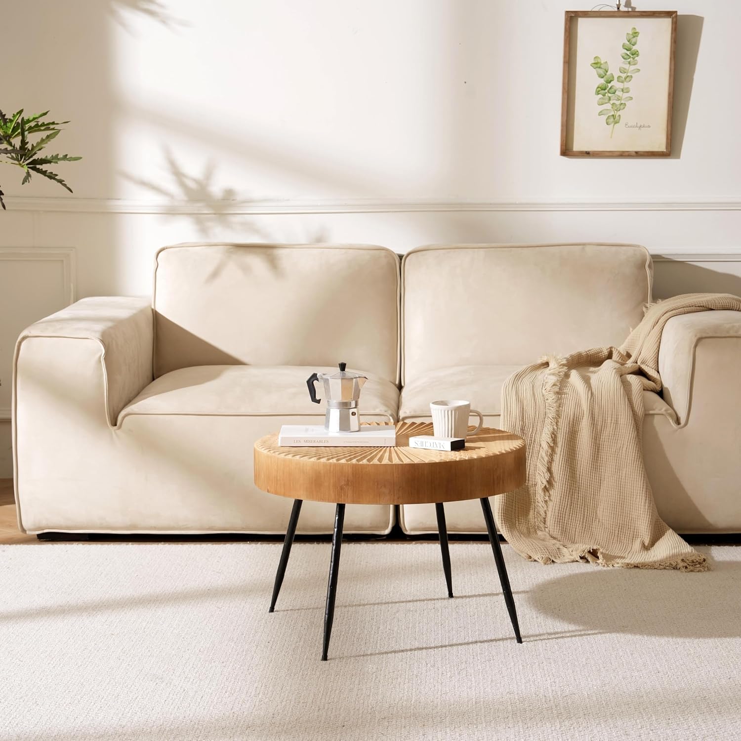 Couchtisch Rund, Runder Wohnzimmertisch aus Holz mit linearem Design, Beistelltisch mit schwarzen Metallbeinen, Modern Farmhouse Möbel im Wohnzimmer, Hellbraun Coffee Table ø60×42cm