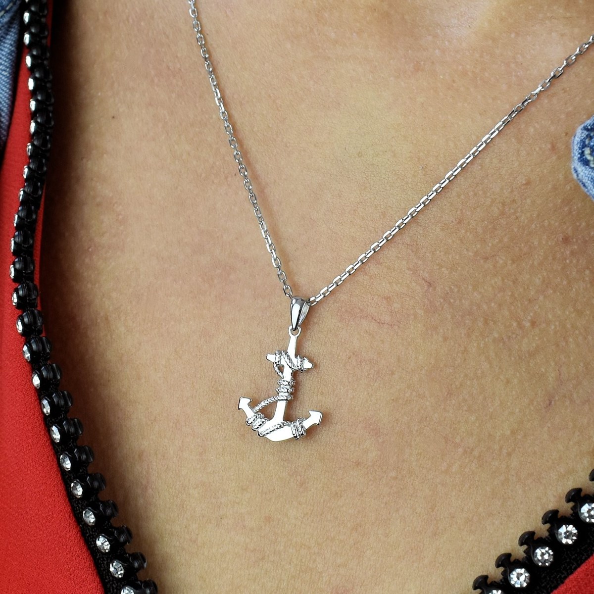 Collier ancre marine avec cordes Argent 925 Rhodié