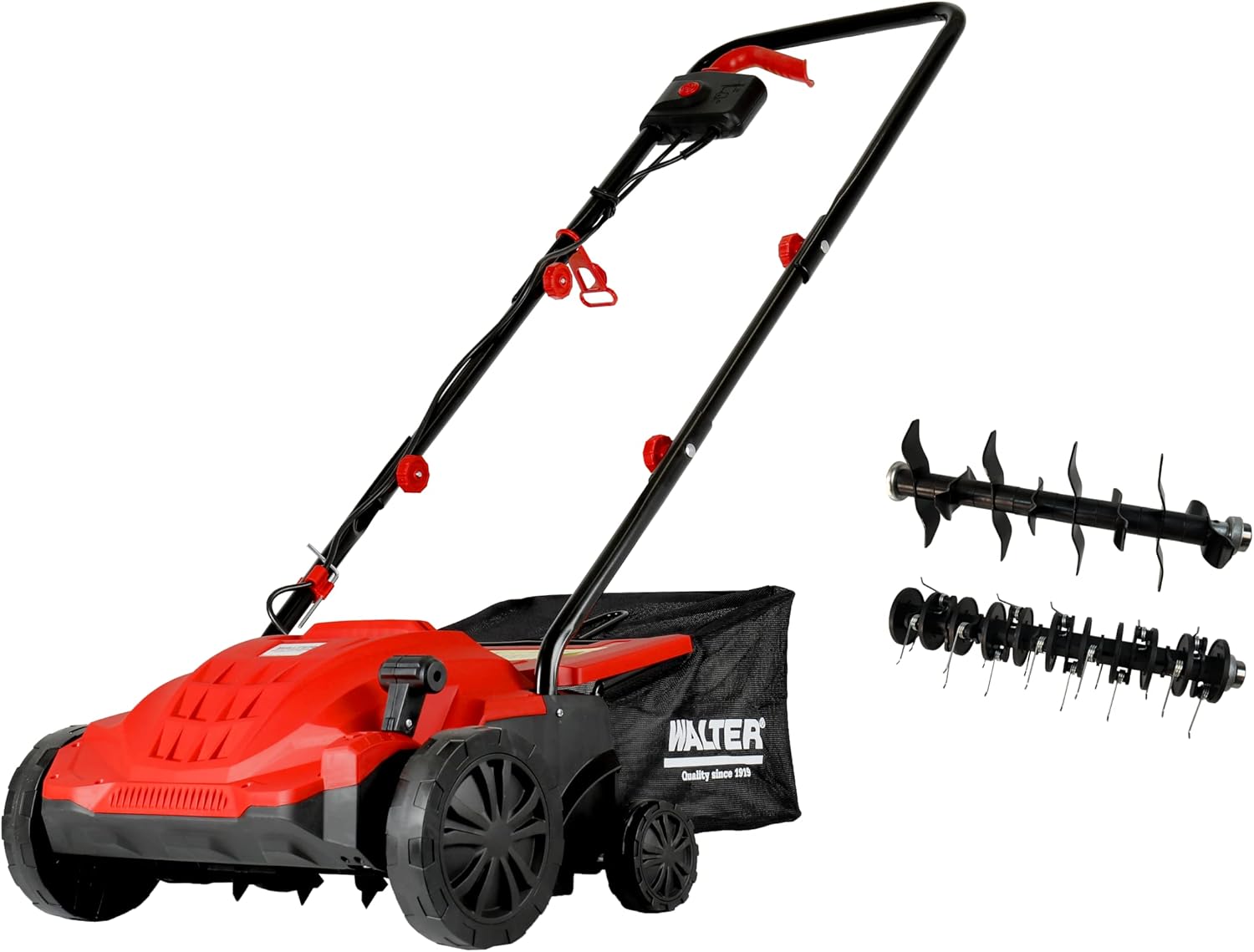WALTER 2 in 1 Elektro Vertikutierer und Rasenlüfter 1500 W, Arbeitsbreite 320 mm, 4- stufige Höhenverstellung, großer Fangkorb, ideal für Flächen bis zu 400 m², inkl. Beutel mit Montagematerial