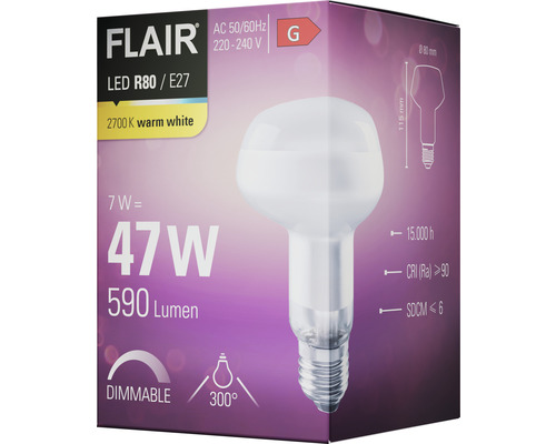 FLAIR LED reflectorlamp dimbaar R80 E27/7W(47W) 590 lm 2700 K warm wit mat