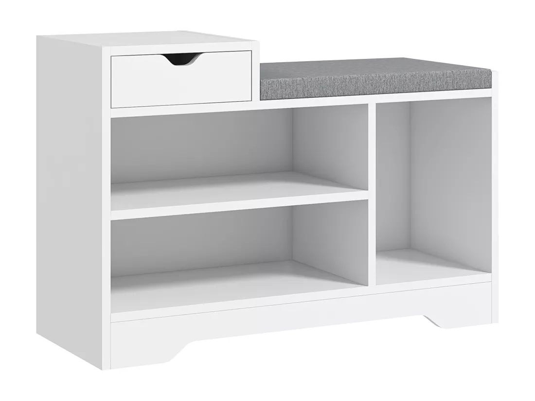 Meuble chaussures banc à chaussures tiroir 3 niches coussin gris inclus panneaux blanc
