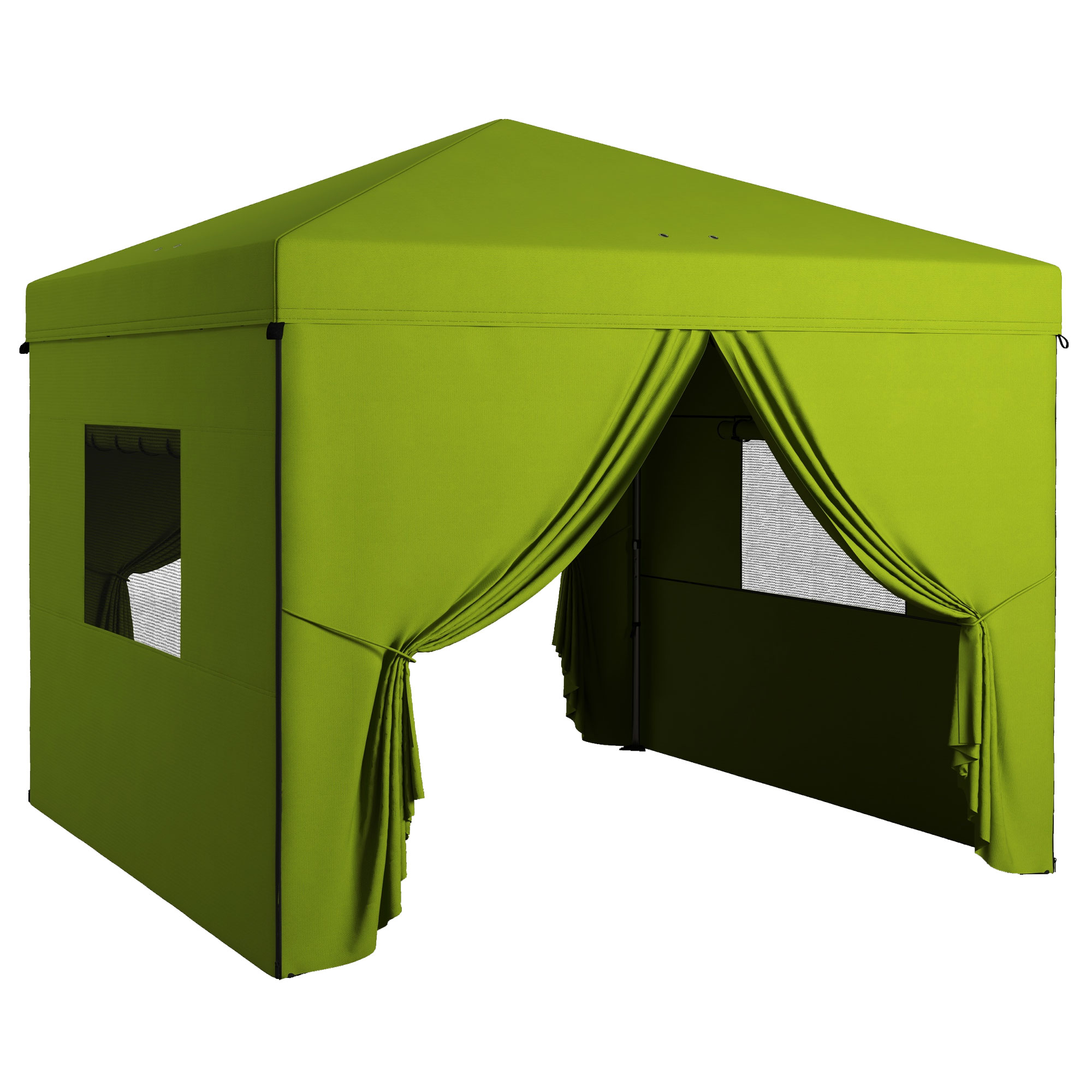 Tenda dobrável Outsunny 3x3m para jardim, com 4 paredes laterais, 2 janelas de tela, altura ajustável, bolsa de transporte, impermeável e resistente aos raios UV, ideal para acampamentos e festas. Cor verde.