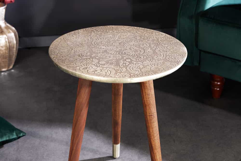 Design Beistelltisch ALCAZAR 50cm antik silber Metall Mangoholz Handarbeit rund