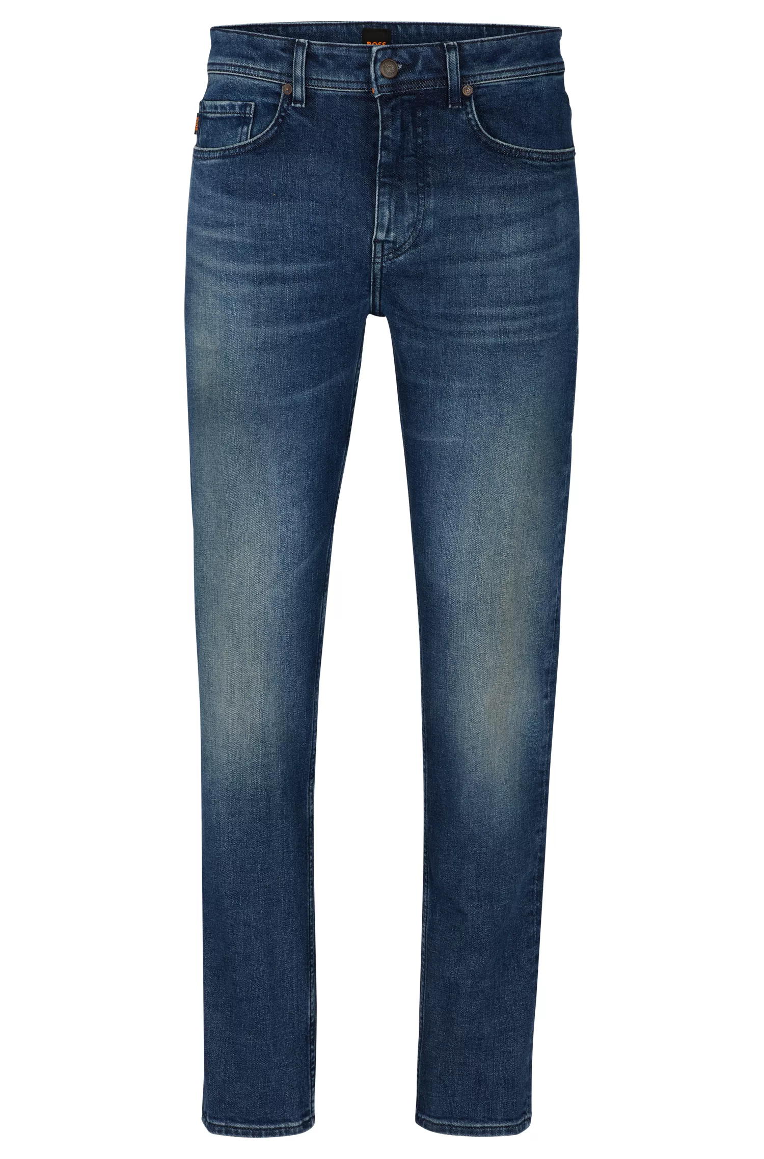 Calça jeans BOSS laranja, corte afunilado, em denim azul com elasticidade confortável.