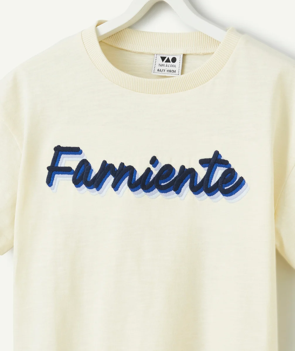 t-shirt manches courtes garçon en coton bio jaune avec message brodé