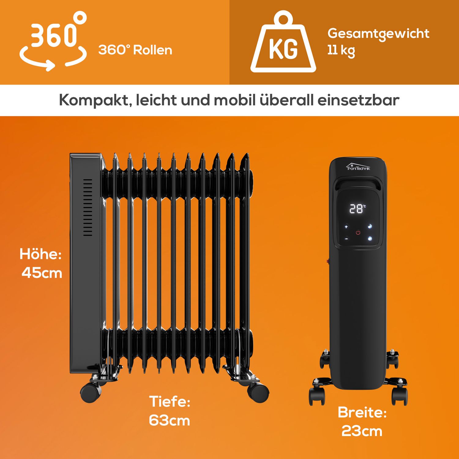 TroniTechnik® Ölradiator Elektroheizung TT-OR 311 in Schwarz mit 11 Rippen und 1 2500 Watt, drei Heizstufen (1000W, 1500W, 2500W)