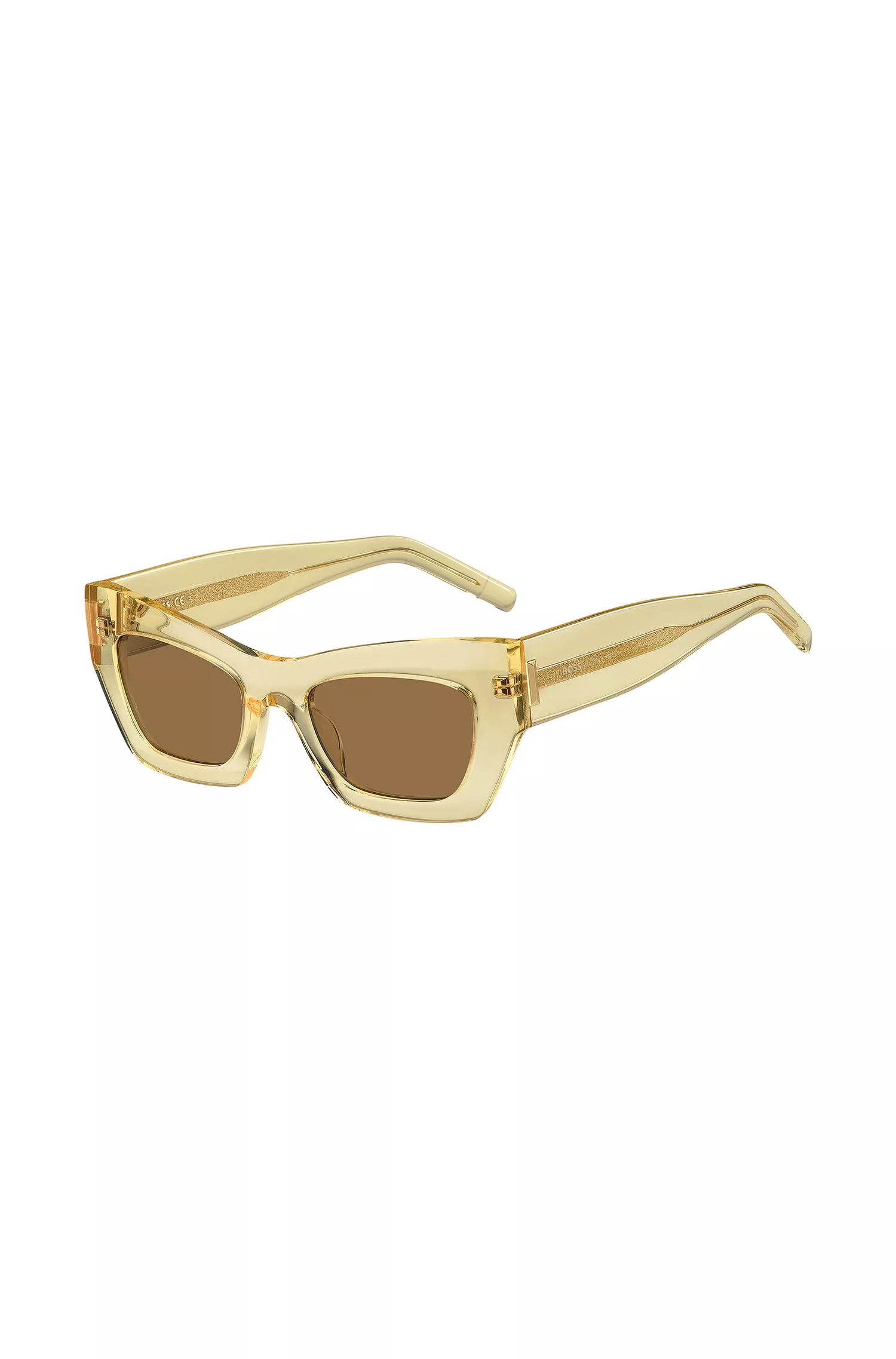 Óculos de sol BOSS em acetato preto transparente com detalhes exclusivos.