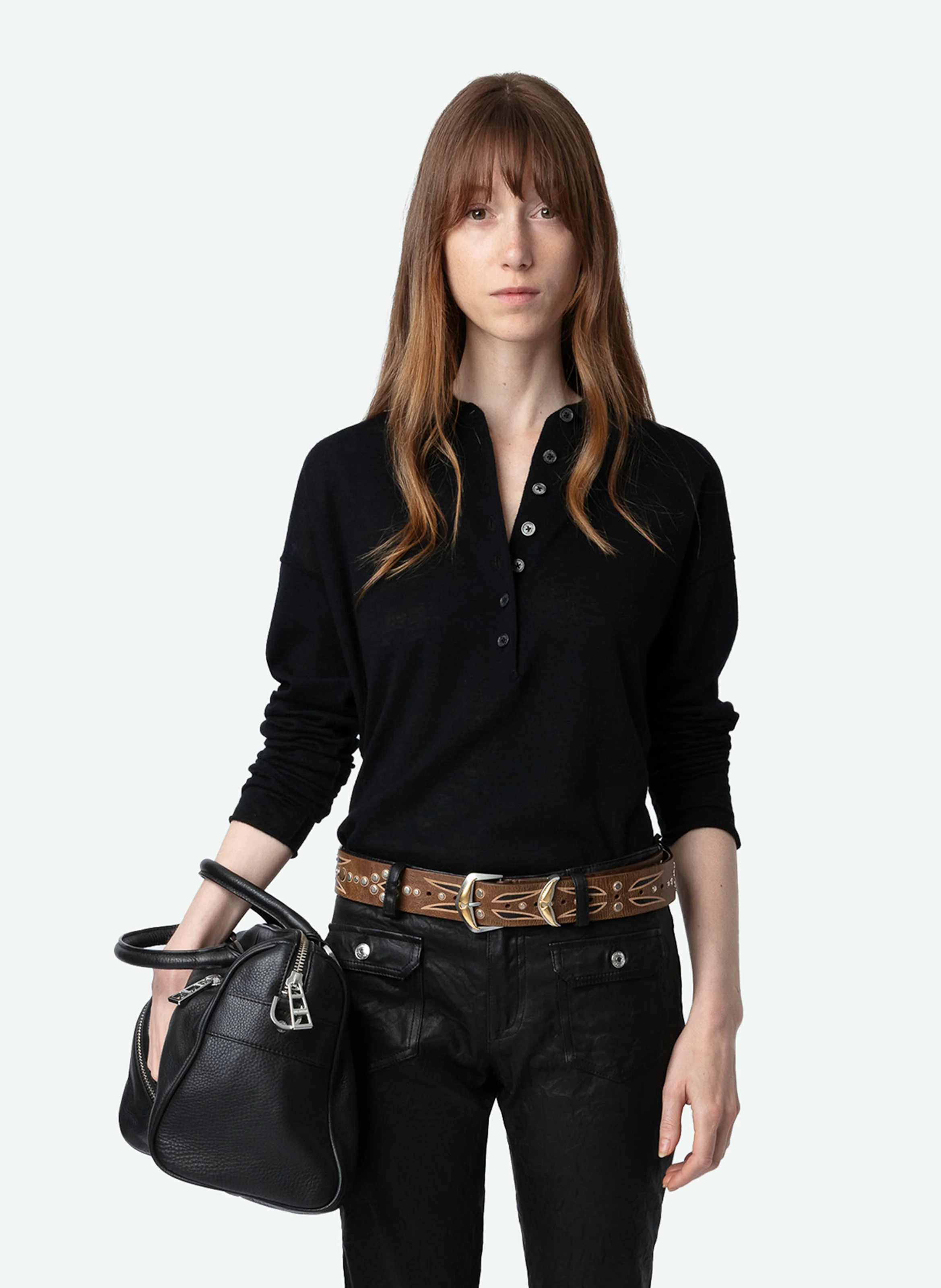 MARLY - Pull droit col polo en cachemire | Noir