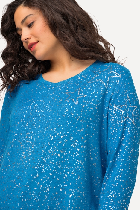 Weihnachts-Sweatshirt, Sterne, V-Ausschnitt, Langarm