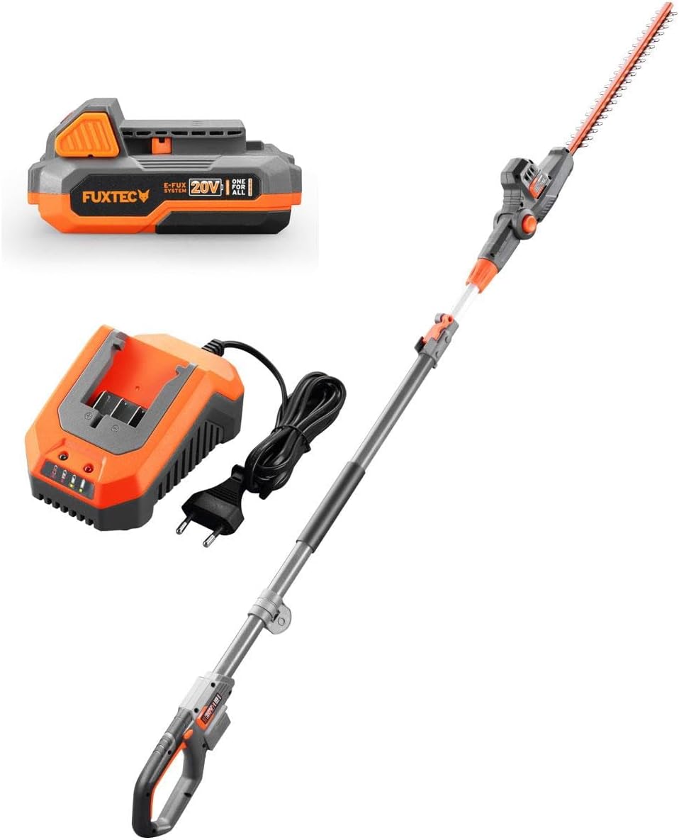 FUXTEC Akku Hochheckenschere 20V FX-E1HH20-SET Elektro Teleskop Heckenschere zum Schneiden von Hecken und Sträuchern – inklusive Akku und Ladegerät