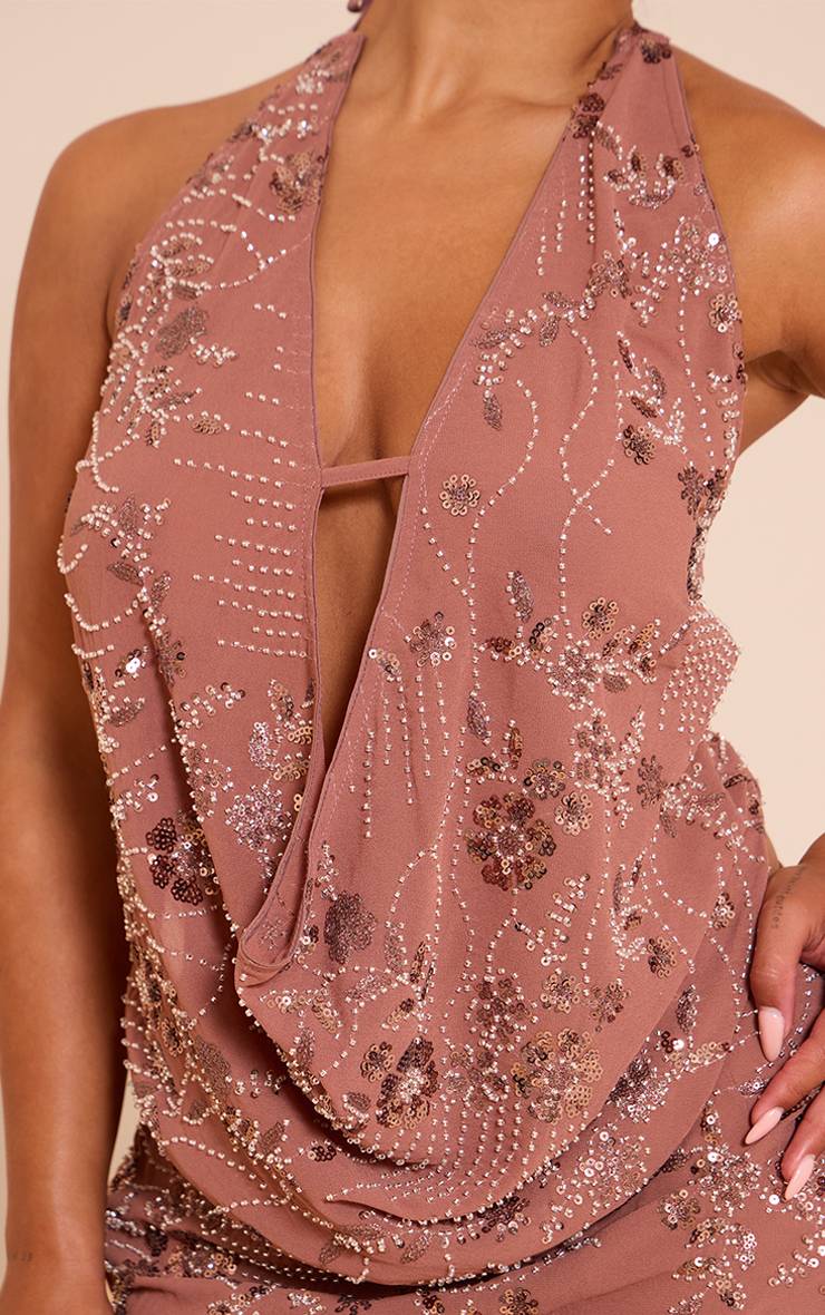 Marron Top Col Bénitier À Sequins Floraux Et Encolure Américaine Shape