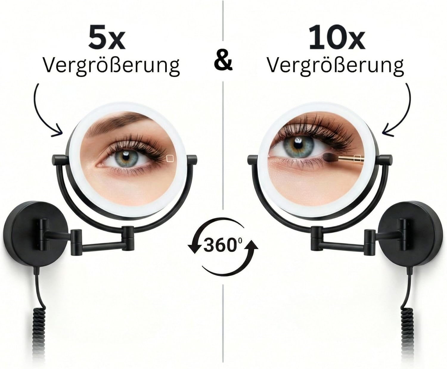 LED Kosmetikspiegel Modena schwarz – 360° Wand-Schminkspiegel mit Dimmer, Tageslicht-LEDs & 5x/10x Vergrößerung für perfektes Make-up